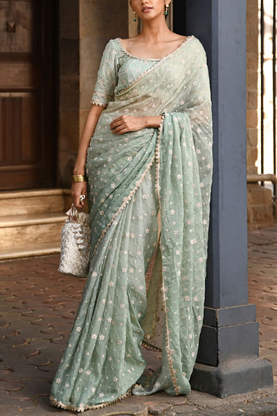 Green ombre floral embroidered sari set