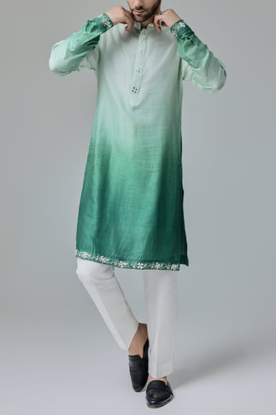 Green ombre mirror embroidered kurta set
