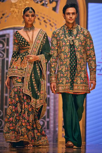Green paisley embroidered gharara set