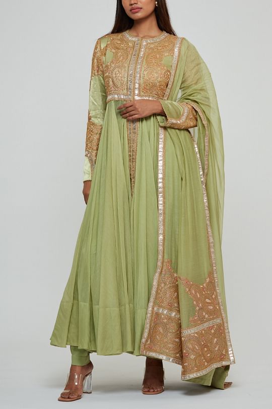 Buy Green kanjeevaram anarkali by Gaurang at Aashni and Co