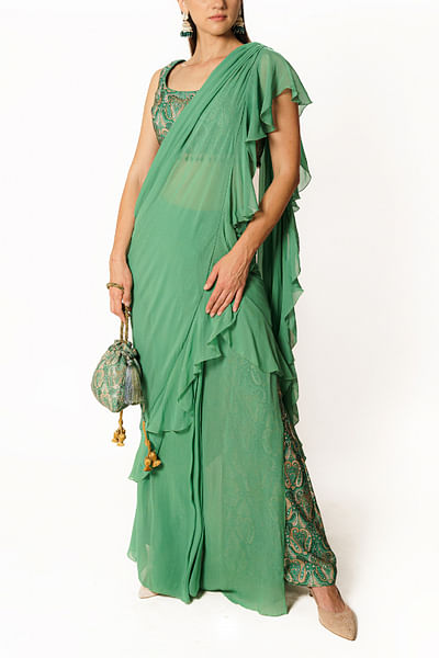 Green paisley printed frilled palazzo sari set