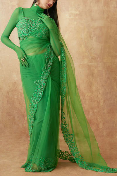 Green paisley sequin embroidered sari set