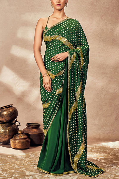 Green palm leaf foil printed sari set