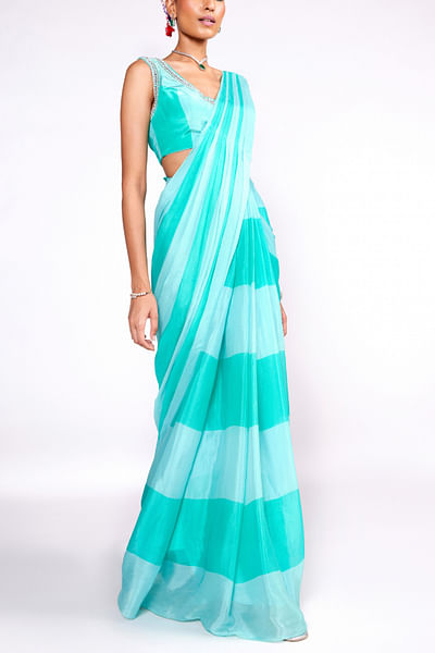 Green panel print pre-draped sari set