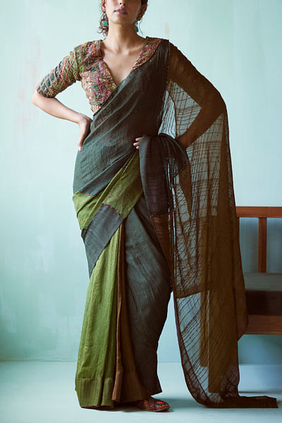Green panelled and embroidered sari set