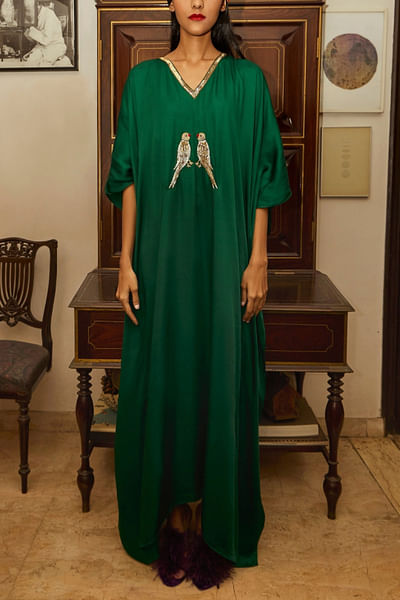 Green parrot sequin embroidered kaftan