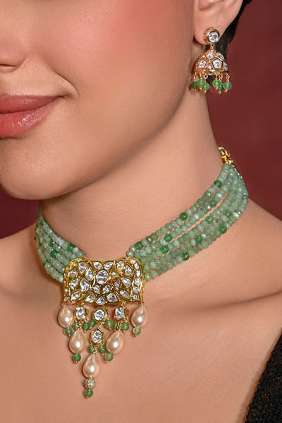 Green pearl and kundan layered necklace set