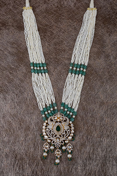 Green pearl and moissanite polki long necklace