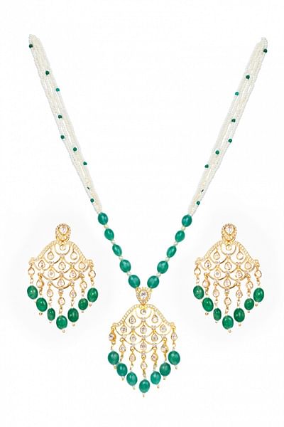 Green pearl and moissanite polki necklace set
