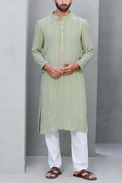 Green pearl and sequin embroidered kurta