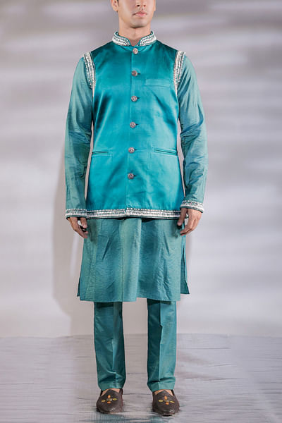 Green pearl embroidered Nehru jacket kurta set