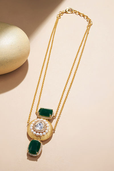 Green polki and emerald double chain necklace