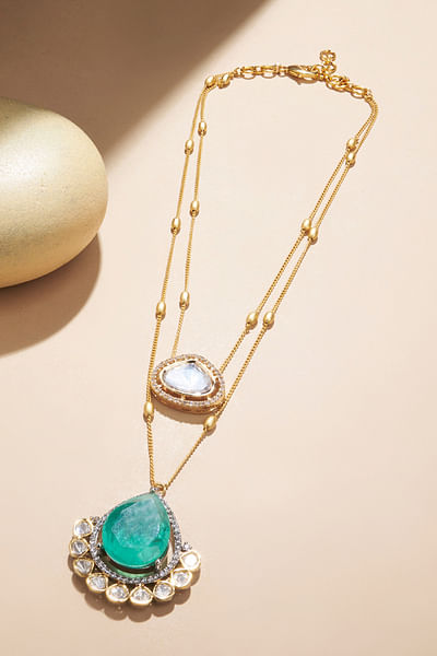 Green polki and emerald layered chain necklace