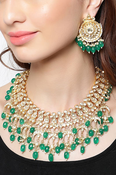 Green polki semi-precious stone necklace set
