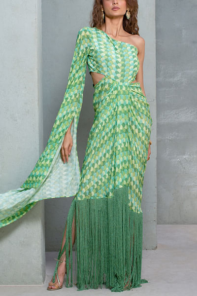 Green scaling print one-shoulder dress
