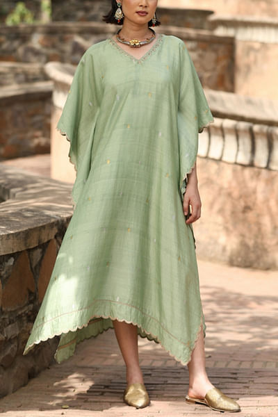 Green scallop embroidered woven kaftan
