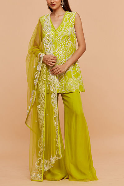 Green sea coral embroidered kurta sharara set