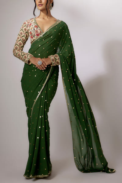 Green sequin and badla work sari set