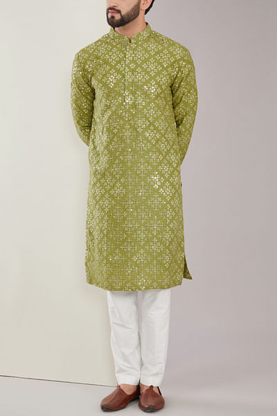 Green sequin embroidered kurta