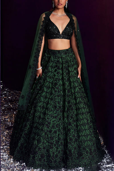 Green sequin embroidered lehenga set