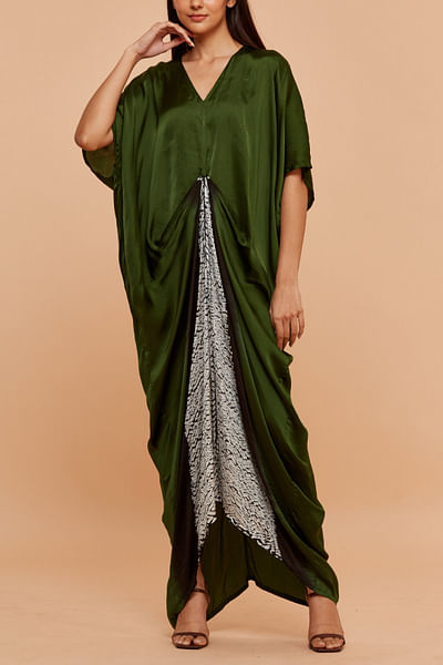 Green shibori dyed draped kaftan