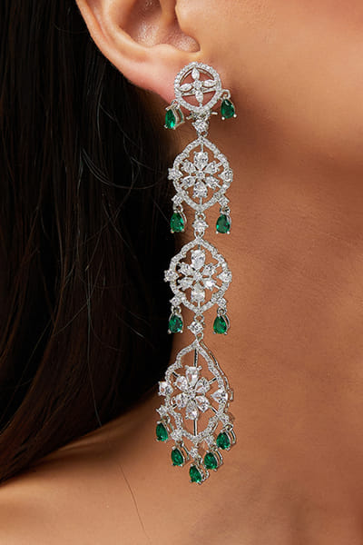 Green stone and faux diamond danglers