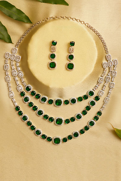 Green stone and faux diamond layered necklace set