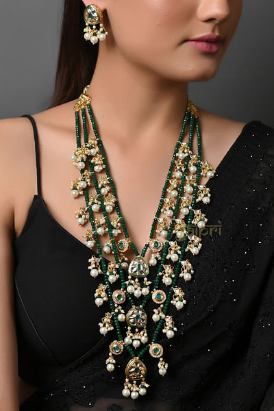 Green stone and kundan long layered necklace set