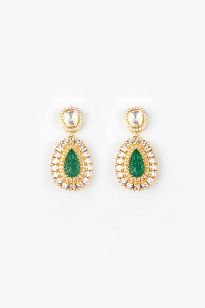 Green stone and moissanite polki drop earrings