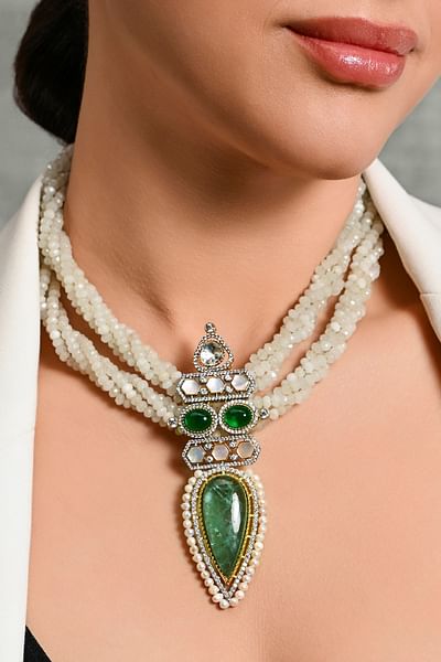 Green stone and pearl layered necklace