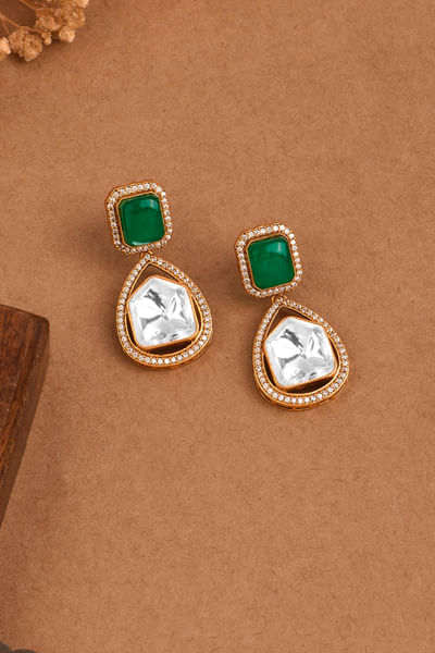 Green stone and polki teardrop danglers