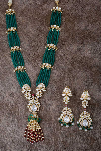 Green stone moissanite polki long necklace set