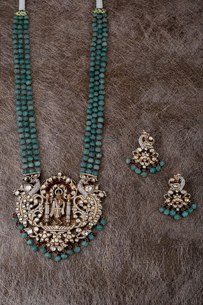 Green stone moissanite polki necklace set