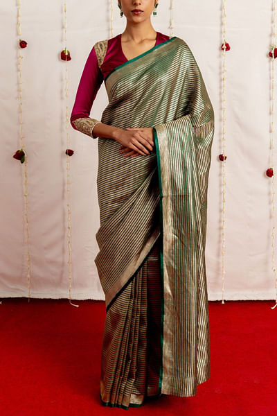 Green stripe woven sari set
