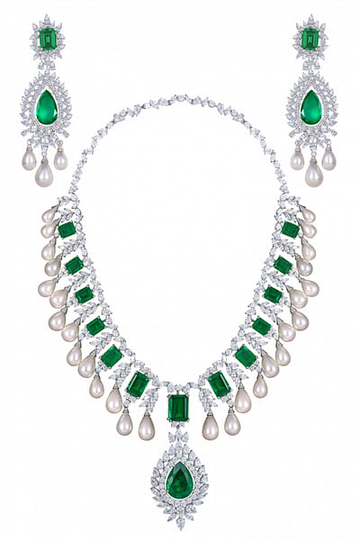 Green Swarovski zirconia pearl necklace set