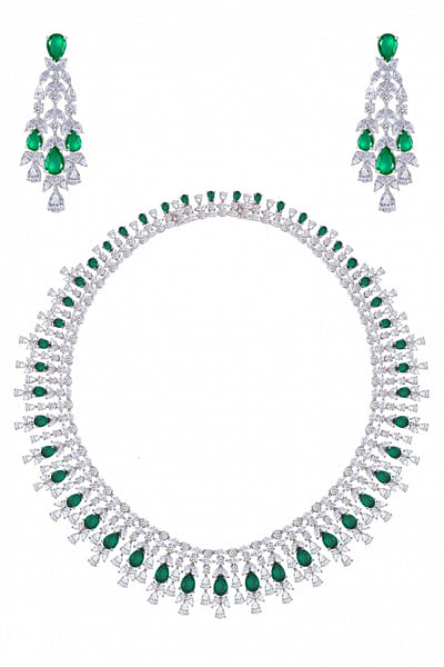 Green Swarovski zirconia silver necklace set