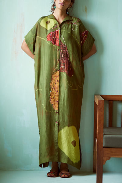 Green tie-dyed and embroidered shirt dress