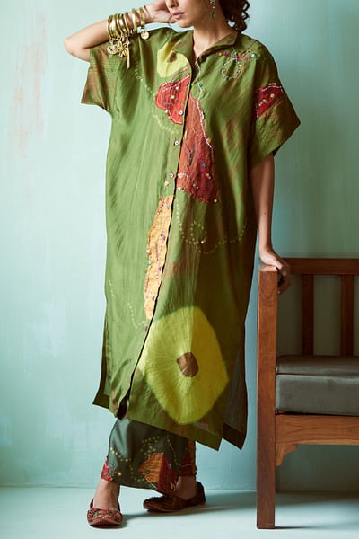 Green tie-dyed and embroidered shirt kurta set