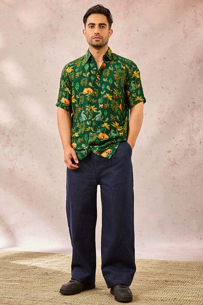 Green tropical flora fauna printed shirt