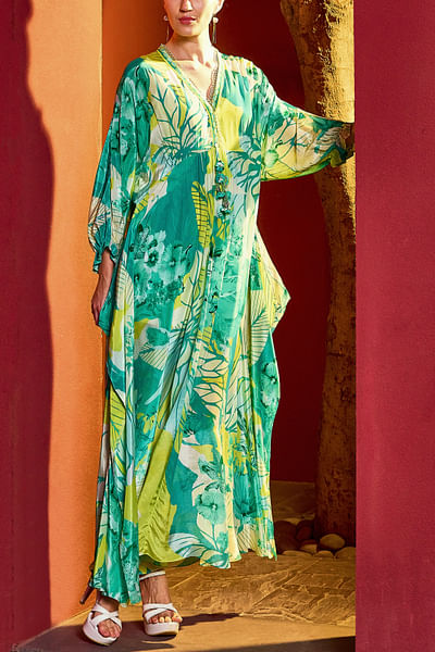 Green tropical printed kaftan dress