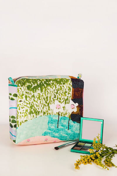 Green tropical printed medium vanity pouch