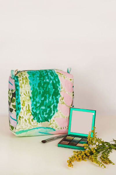 Green tropical printed small vanity pouch