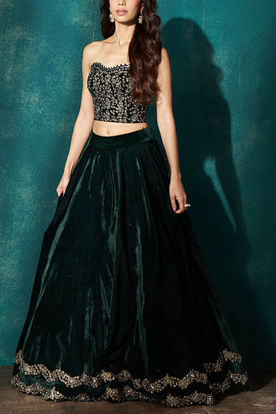 Green velvet lehenga set