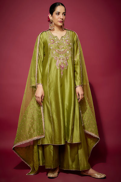 Green zardozi embroidered kali kurta set