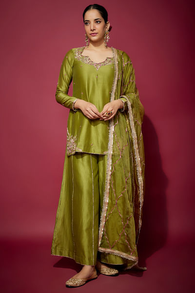 Green zardozi embroidered kurta sharara set