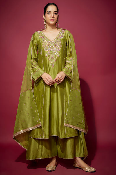 Green zardozi embroidery kali kurta set