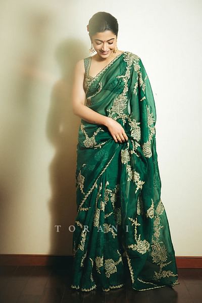 Green zari embroidered sari set