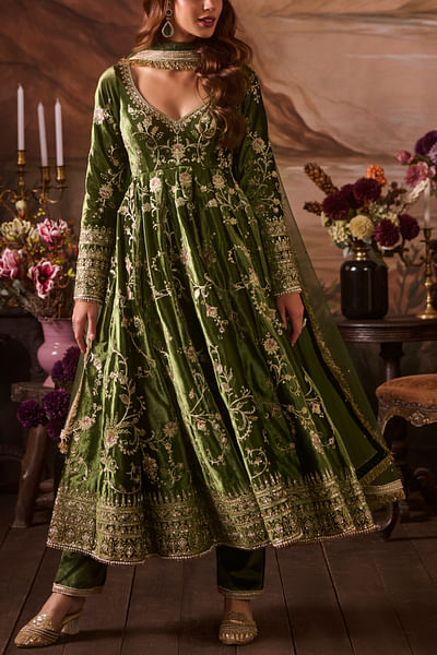 Green zari embroidered velvet anarkali set