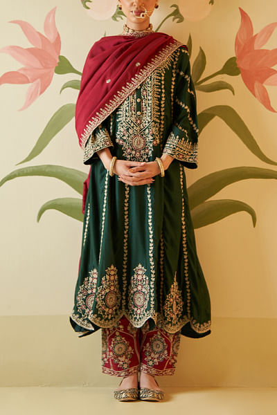 Green zari embroidery choga set