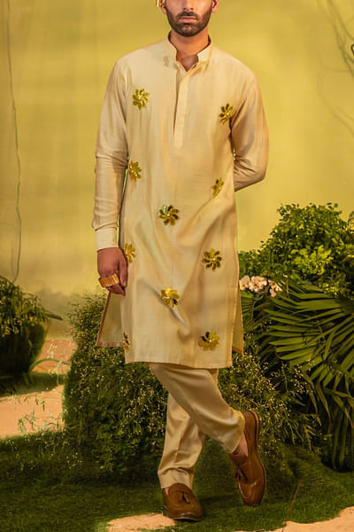Greenish cream embellished kurta set